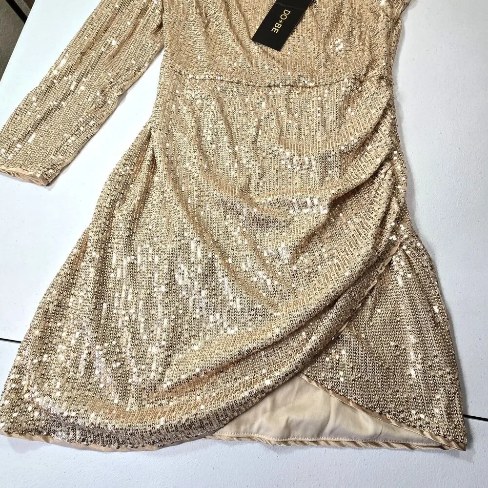 NWT  DO+BE Women Size L Lined Sequin Gold One Sleeve Gathered Side Mini Dress - Picture 2 of 10